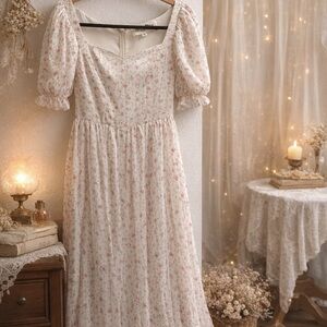 Beautiful Jessa Kae Puff-Sleeve Floral Maxi Dress in Cream and Pink